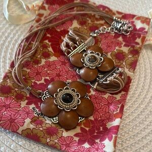 BRIGHTON ALMONDINE Brown Floral Leather Necklace and Bracelet Set (retired)